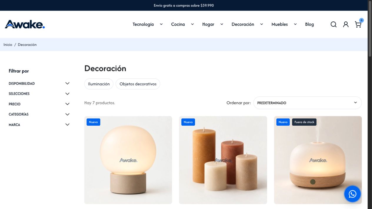 Categoría Decoración del demo Awake con filtros laterales y tarjetas de producto