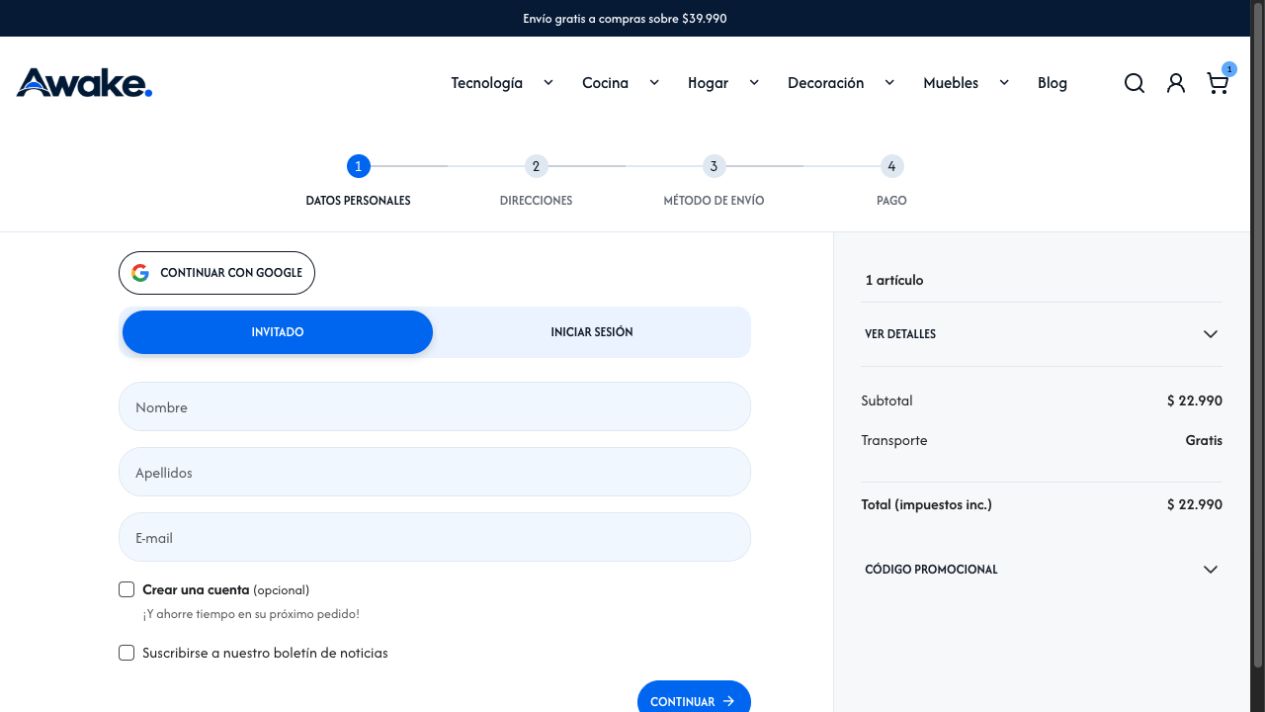Checkout real del demo Awake: compra como invitado, cuatro pasos y resumen del carrito
