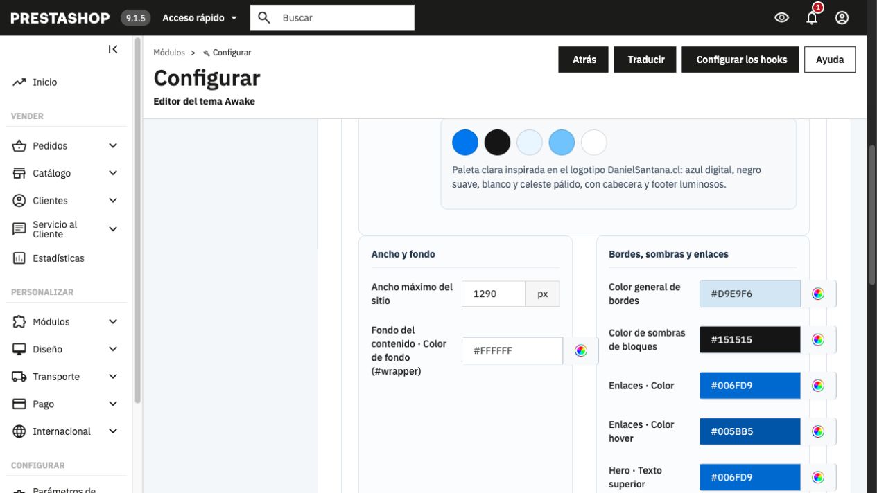 Theme Editor Awake en el panel de PrestaShop mostrando paleta y controles de color