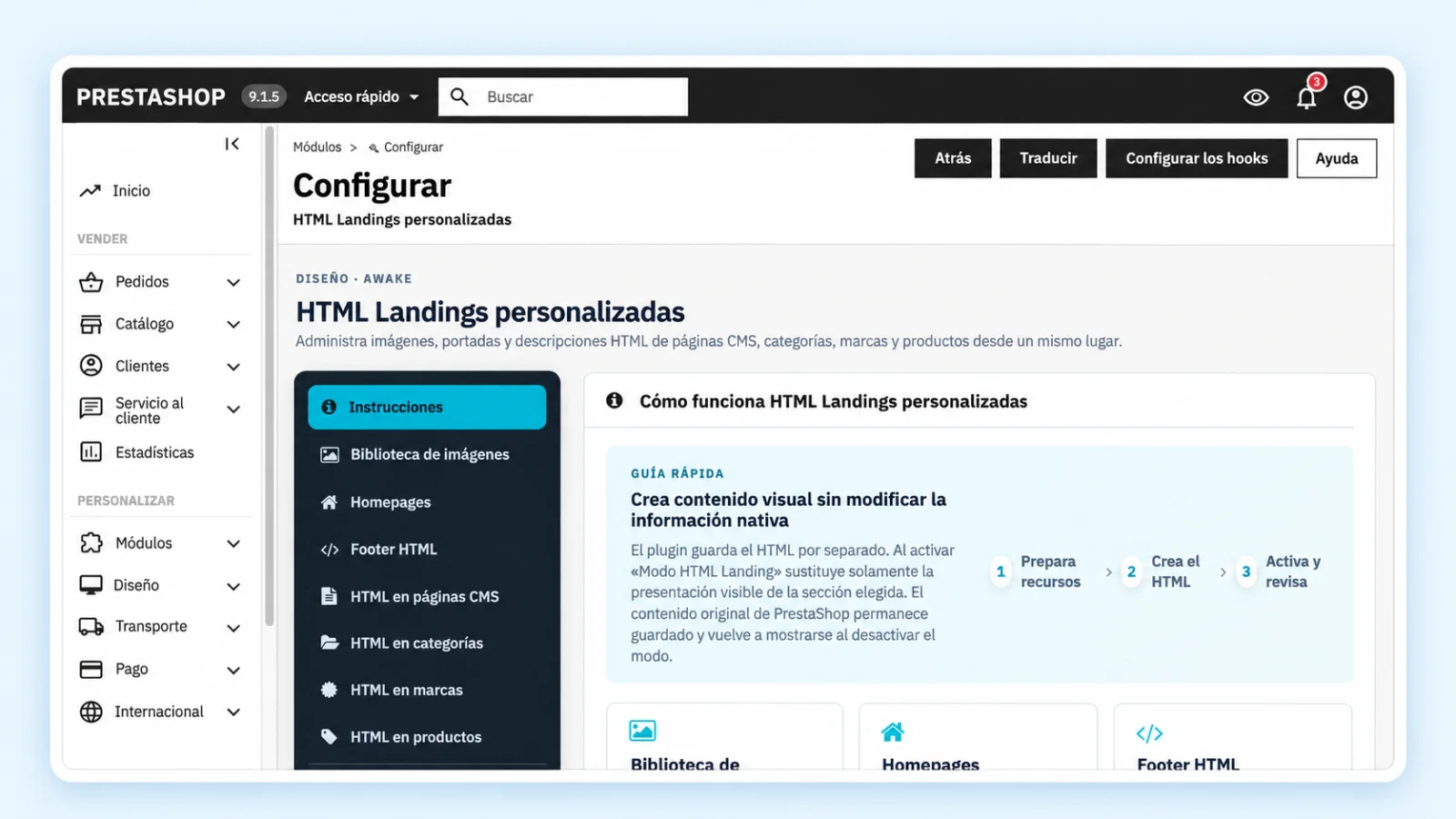 Panel general e instrucciones del módulo HTML Landings para PrestaShop