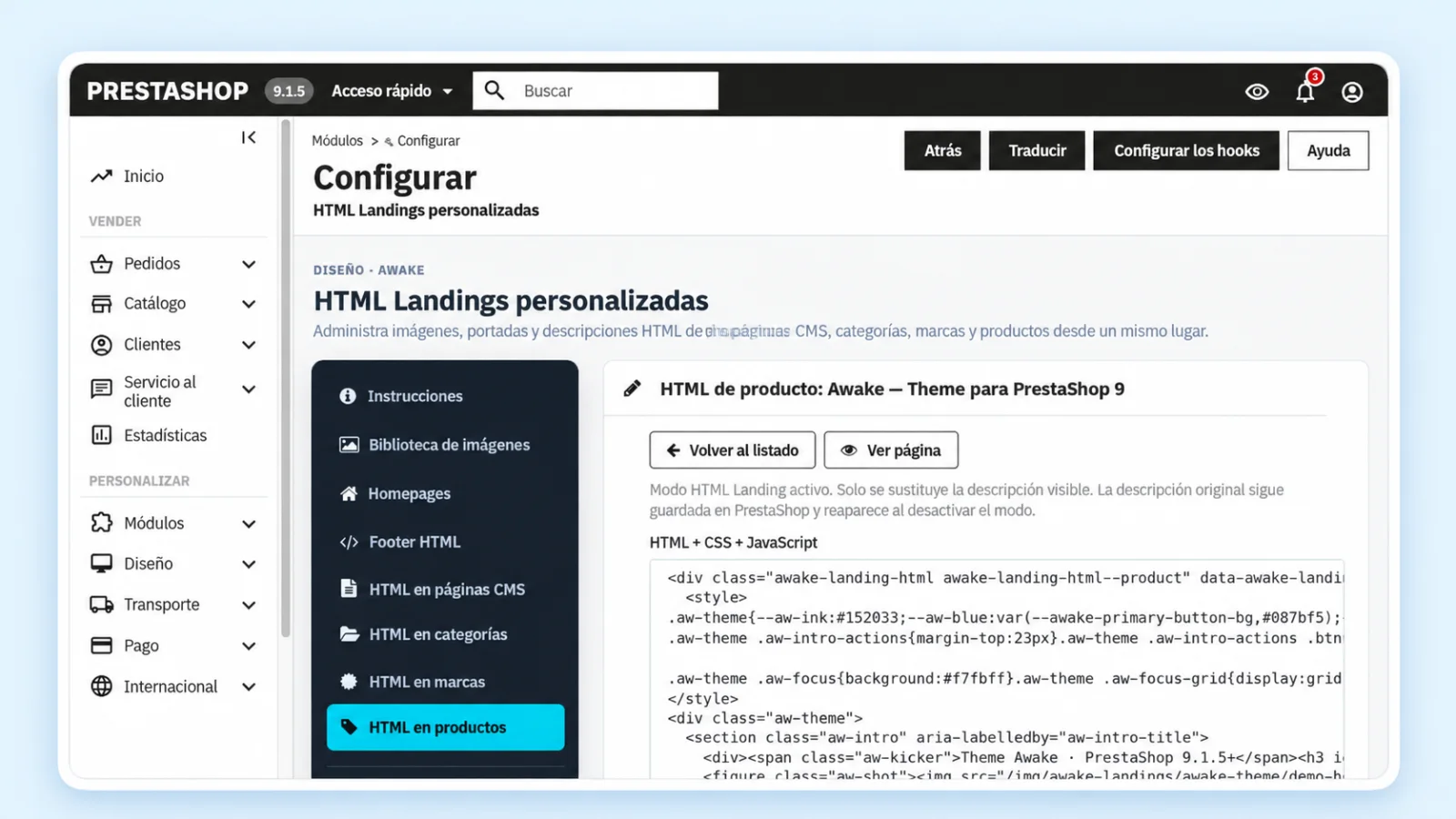 Editor de HTML CSS y JavaScript para una landing de producto